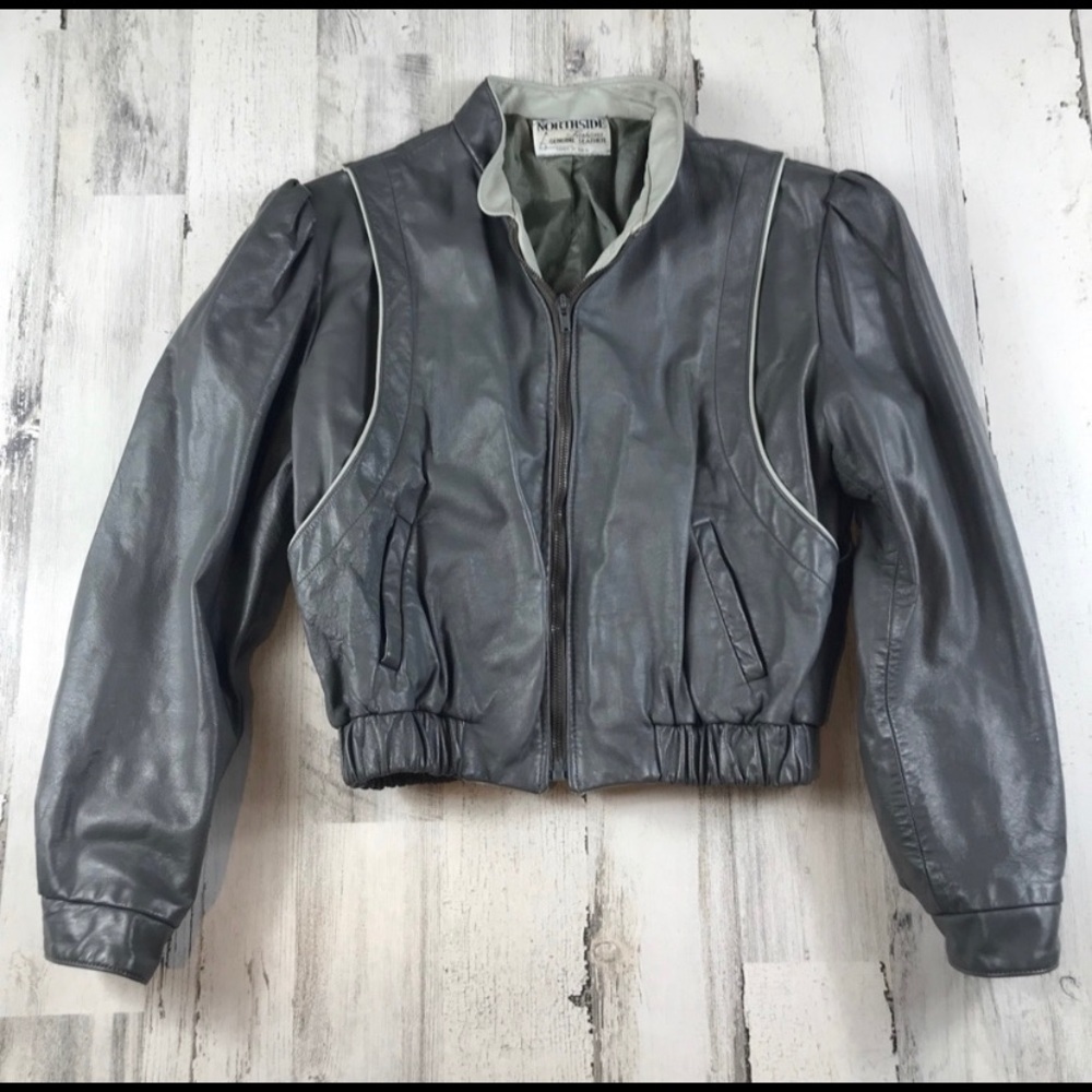 Gray Genuine Leather Jacket. Vintage 80s style